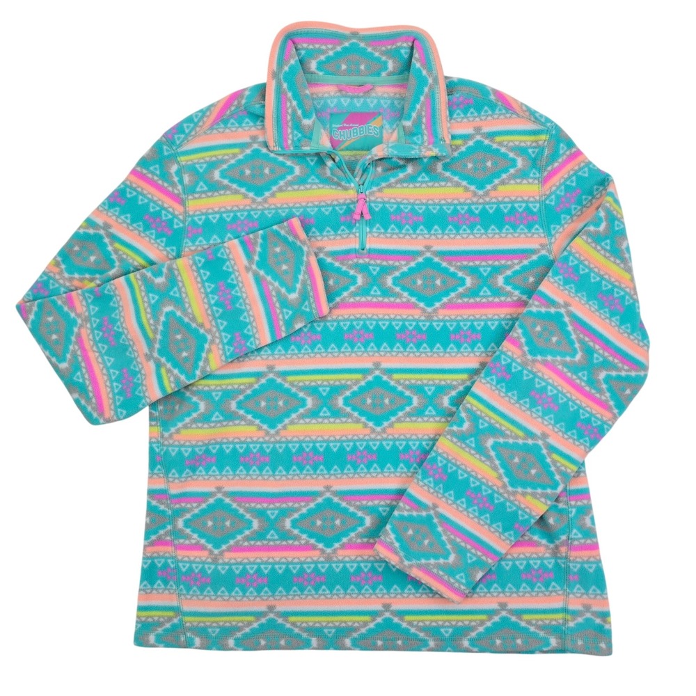 Chubbies Neon Navajos Fleece Pullover Womens XL Teal Aztec Geometric 1/4 Zip